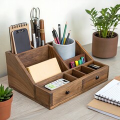 A stylish wooden desk organizer filled with neatly arranged office essentials&mdash;pens, pencils, notebooks, and scissors&mdash;accented by lush potted plants for a calming workspace aesthetic.