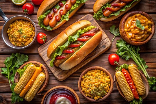 Table with a variety of food including hot dogs, corn, and salad - Powered by Adobe