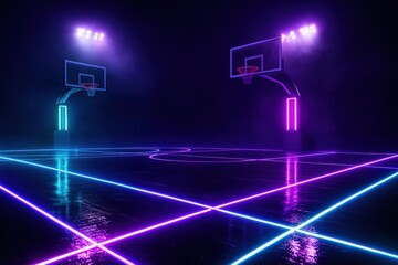 Neon-lit basketball court with glowing hoops and geometric light patterns in dark atmospheric