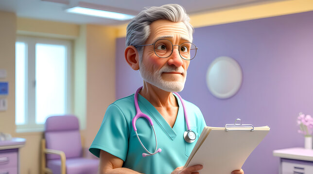 An elderly, professional doctor in scrubs stands with a clipboard, surrounded by a welcoming and well-lit examination room, symbolizing dedication and expertise in healthcare.