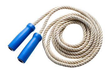Thick beige rope with blue handles coiled into a circle isolated on transparent background