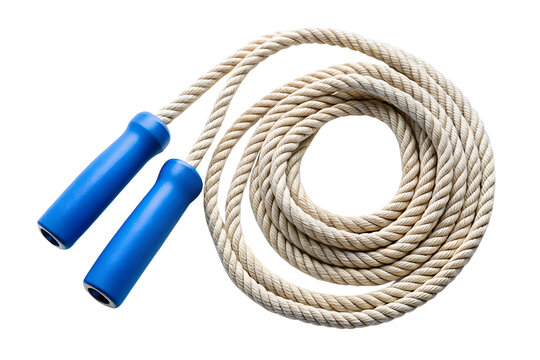 Thick beige rope with blue handles coiled into a circle isolated on transparent background