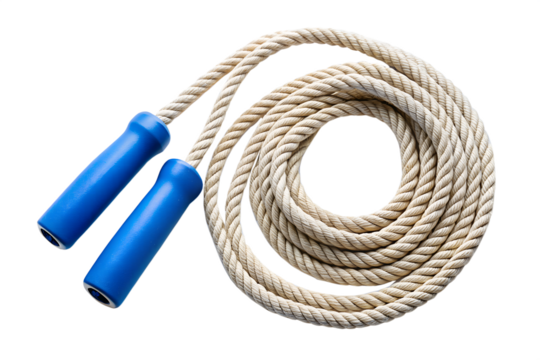 Thick beige rope with blue handles coiled into a circle isolated on transparent background - Powered by Adobe