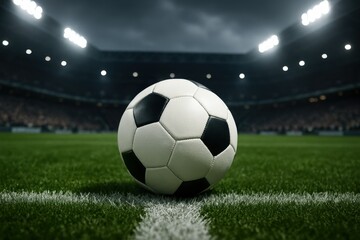 Fototapeta premium Soccer ball on grass pitch under stadium floodlights with blurred cheering crowd in background