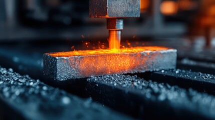 An intense shot showcasing metal being forged in a workshop, capturing the bright orange glow of molten metal and the sparks flying, representing hard work and craftsmanship.