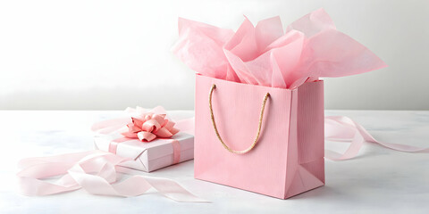 Mini pink gift bag with tissue paper on white isolated surface
