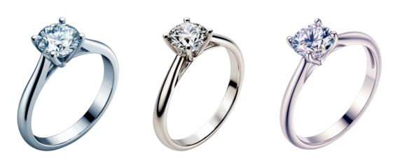 Elegant solitaire engagement rings in three metal finishes