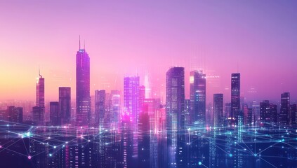 Fototapeta premium Futuristic city skyline at dawn, illuminated with vibrant digital network
