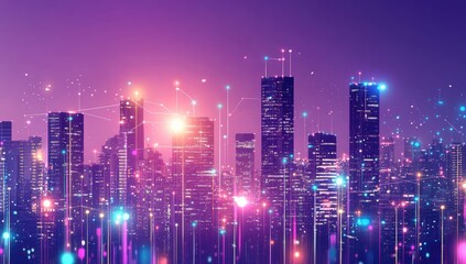 Fototapeta premium Night city skyline, glowing with digital connections