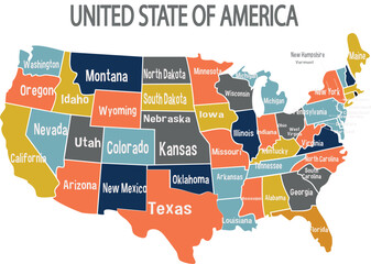 Detailed Colorful Map of the United States of America with State Names. Detailed USA map. Isolated USA map vector illustration on white background	