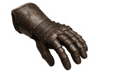Old rusty gauntlet from medieval times reaching out, isolated on transparent background, perfect for fantasy or historical projects