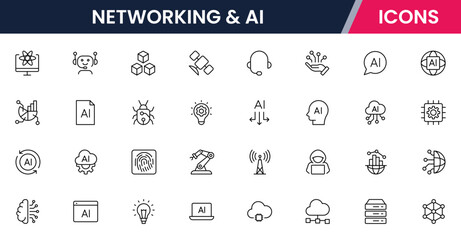 Vector illustration web line icon collection for networking & AI, connections, neural networks, data, and tech symbols in a sleek, modern, innovative design style.