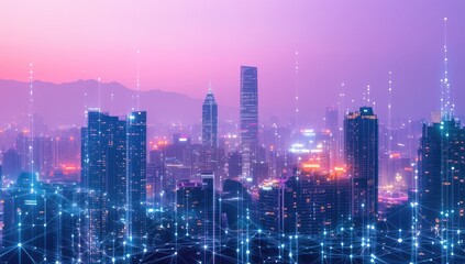 Fototapeta premium Cityscape at twilight, illuminated with a network of light lines