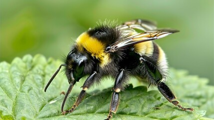 Close up of a bumblebee on a green leaf detailed insect photography macro