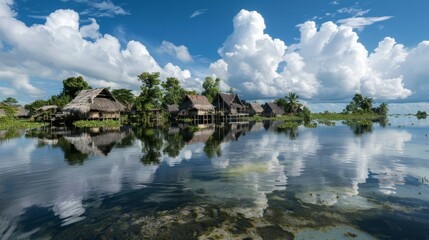 Fototapeta premium Stilt Houses on Calm Water Reflected Clouds and Lush Vegetation water village