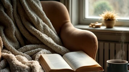 Cozy reading nook with a blanket and warm cup of coffee in a serene setting - Powered by Adobe