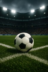 Fototapeta premium Soccer ball on lush green field under bright stadium lights on overcast evening game day