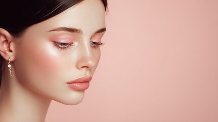Fototapeta premium Portrait of young Asian woman with soft pink eye shadow and gold earrings, minimal makeup style symbolizing elegance, youth, and contemporary beauty on pastel pink background
