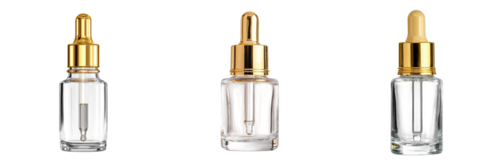 Clear glass dropper bottles with gold caps for cosmetic or beauty oil, isolated on transparency background, elegant skincare container design