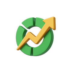 Green circular graph with a golden upward trending arrow representing financial growth and success isolated on transparent background