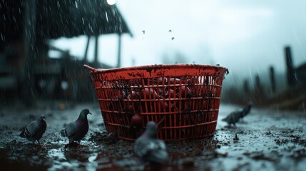 A vibrant red basket sits in the rain-soaked ground surrounded by curious pigeons, creating a moody yet artistic scene of nature and urban life.