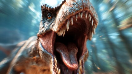 A dynamic image of a roaring dinosaur with an open mouth, showcasing its fierce expression and raw power, set against a blurred forest background.