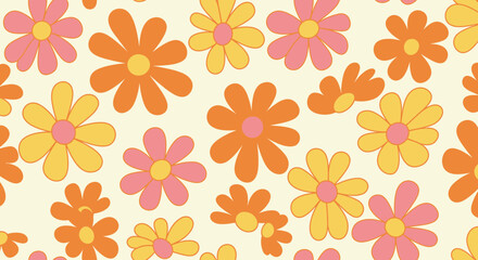 Retro floral pattern design with daisies in shades of orange, pink, and yellow