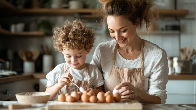 A joyful moment unfolds as a mother and her son bond while baking, surrounded by fresh eggs and kitchen utensils in a warm, inviting environment.