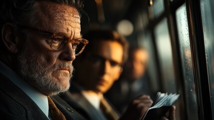 Obraz premium A contemplative middle-aged man in glasses gazes out of a rainy train window, highlighting the theme of introspection in a somber transportation environment.