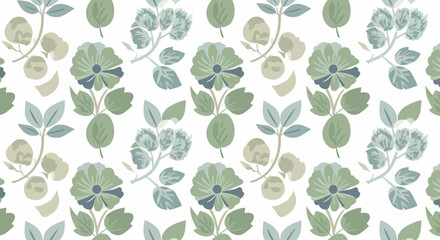 Seamless botanical pattern with stylized flowers and leaves in muted green tones