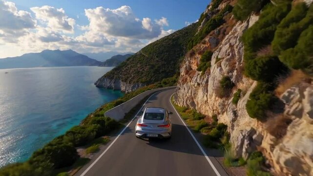 Beautiful Video of a Car Cruising Along Lefkas Coastal Road, Surrounded by Mediterranean Hills, Cliffs, Vibrant Blue Waters, and Golden Sunlight