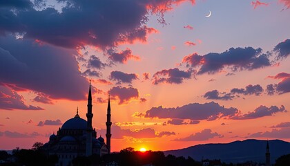 Obraz premium Majestic Sunset Over Mosque Silhouette with Crescent Moon View
