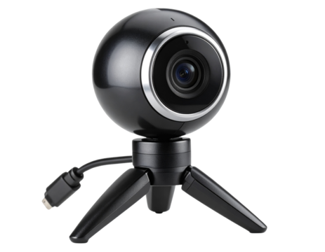  Angled View of Standalone Black Webcam on Adjustable Tripod, Isolated on Transparent Background