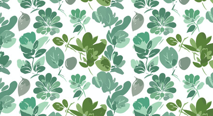 Seamless Pattern of Green Foliage and Botanical Elements on a White Background