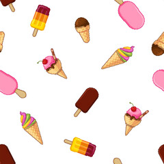Pixel art ice cream seamless pattern. Cute repeating summer background for textile and packaging. Retro 8-bit style vector illustration.
