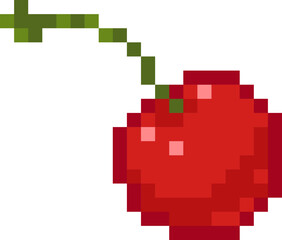 Pixel art cherry with a green stem. Cute minimal design, perfect for icons, UI elements and nostalgic video game-style illustrations. Vector format.