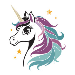 Cute Unicorn Face Vector Silhouette Carton Sticker illustration Art Design White Background