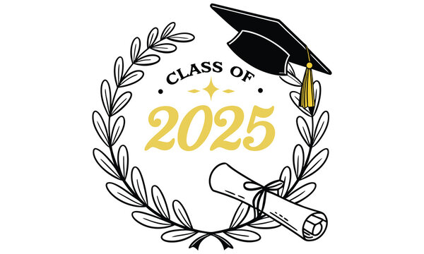 Class of 2025 graduation emblem featuring a mortarboard cap laurel wreath and diploma scroll symbolizing academic achievement and celebration