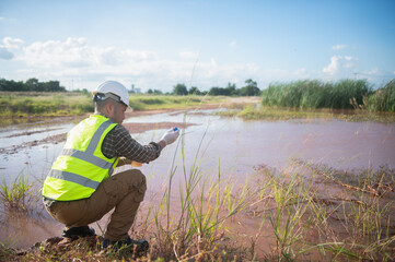 An environmental engineer examines water samples from a natural to identify organisms in ecosystem