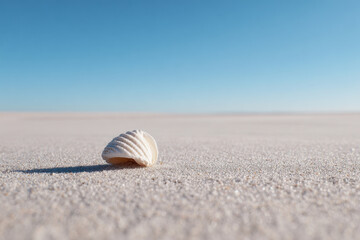Obraz premium minimalistic composition featuring single seashell resting on soft light sand