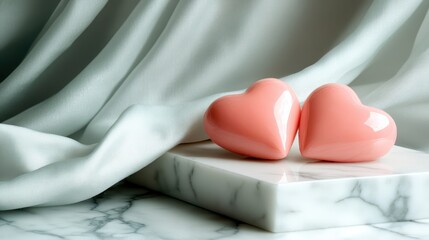 Two glossy, coral-colored heart-shaped items rest on a smooth marble surface, blending romance and elegance with soft fabric draping in the background.