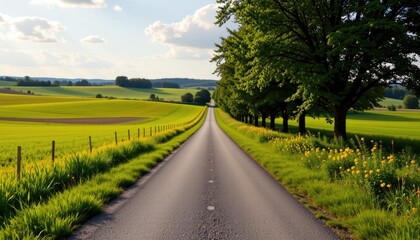 Serene Country Road Stretching Through Lush Green Fields and Trees