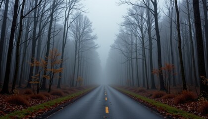 Naklejka premium Misty Road Surrounded by Bare Trees in a Foggy Forest Landscape