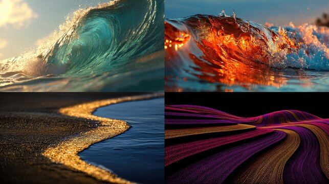 A vibrant quad-image showcasing the dynamic beauty of water; turquoise wave curling, fiery orange wave crashing, golden shoreline, and abstract colorful curves - Powered by Adobe