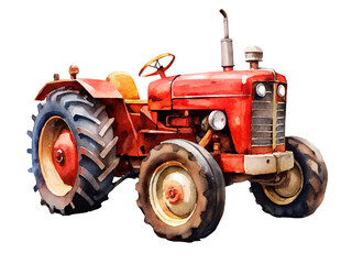 Red Vintage Tractor Watercolor Illustration on Transparent Background on Transparent Background, Watercolor Illustration on Transparent Background