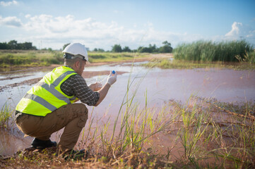 An environmental engineer examines water samples from a natural to identify organisms in ecosystem