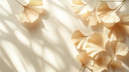 Ginkgo Leaves, Light, Shadows, Beige Background