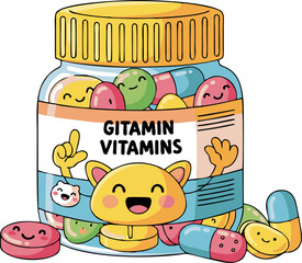 Cheerful Vitamin Bottle with Smiling Gummy Bears and Happy Capsules, Cartoon Illustration.