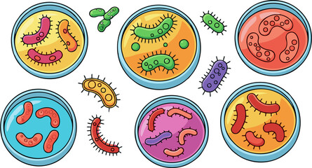 Colorful Cartoon Bacteria and Petri Dishes: A Microscopic World of Diverse Microorganisms