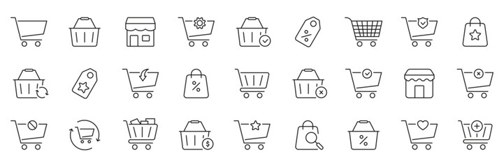 Shopping Cart And Retail Icon Set. E-Commerce, Online Shopping, And Retail Management Outline Symbol Collection. Marketing And Sales Tools. Editable Stroke. Isolated Vector Illustration